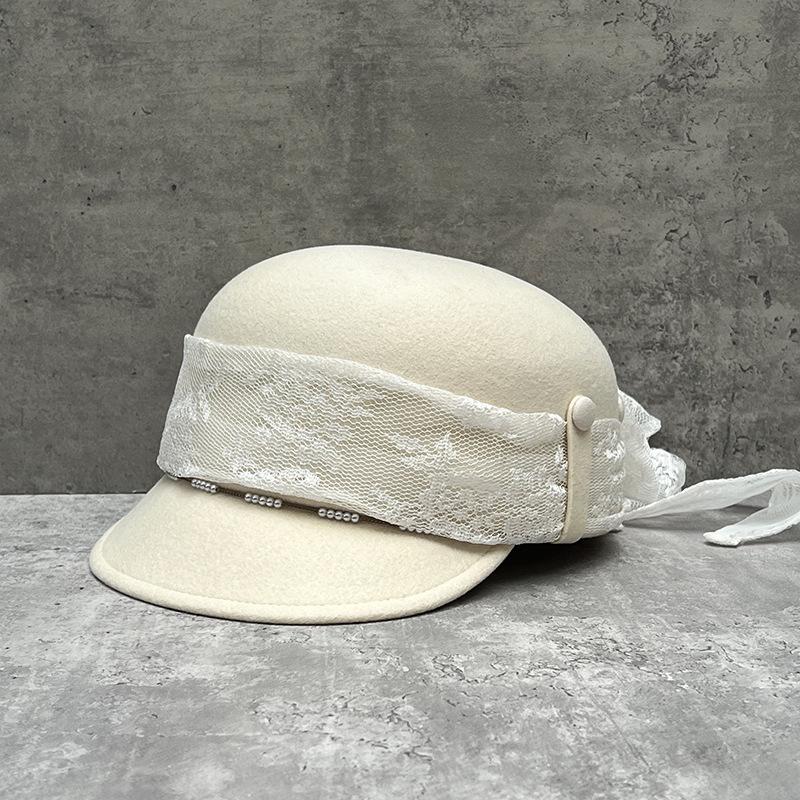 French Retro Hepburn Style White Top Hat Ladies Temperament Socialite Lace Bow Woolen Equestrian Hat