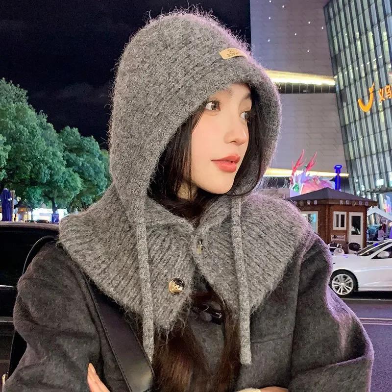 

Women s Autumn Winter New Knit Hat With Scarf Collar Warm and Stylish Polar Fleece Beanie Hat For Outdoor Activities One Size сірий колір