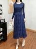 Elegant French Spliced Lace Dress for Women, Beaded Round Neck, Slimming Pleated Design, High Elasticity.