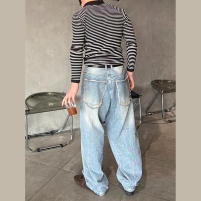 Vintage Prané Džínové Kalhoty s Velkou Kapsou Pánské Široký Střih Streetwear Džíny Ležérní Volné Dlouhé Kalhoty