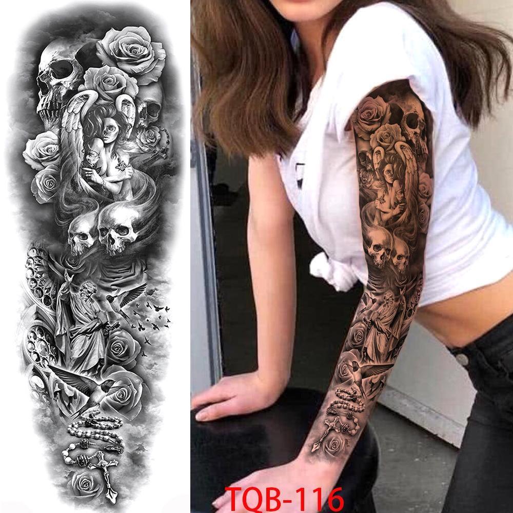 1 PC 480*170MM Full Arm Leg Temporary Tattoo Sticker for Women Men Waterproof Skull Compass Sexy  Tattoo Body Art Fake Flower Tattoo Paper Sticker