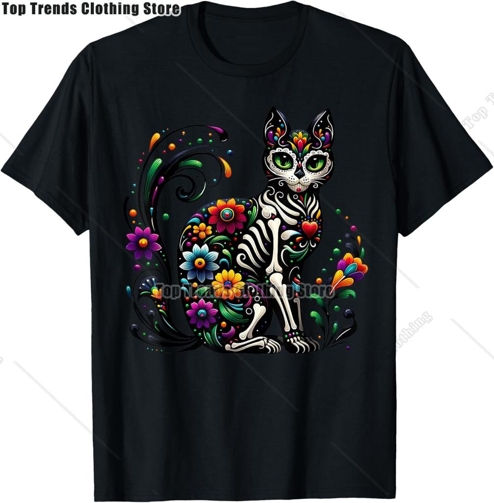 Cute Sugar Skull Cat Dia De Los Muertos Day of The Dead TShirt Mexican Summer Fashion Short Sleeved Tee TopsCasual Tshirt