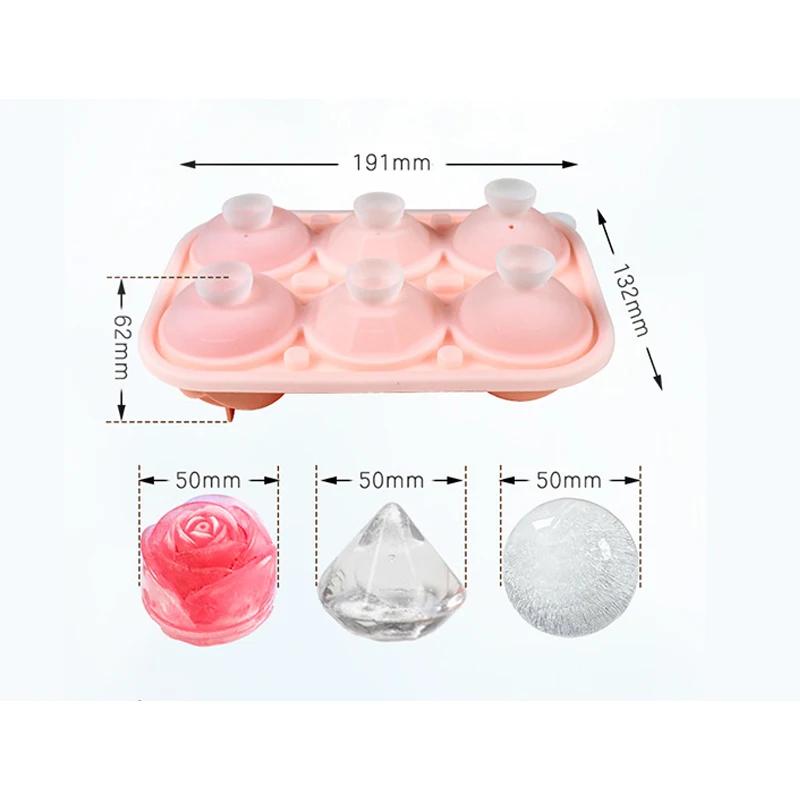 3D Rose Diamond Round Ice Cube Molds 4/6 Grid Ice Cube Tray Flower Shape Silicone Ice Maker Kitchen Bar Utensil Tool Accessorise