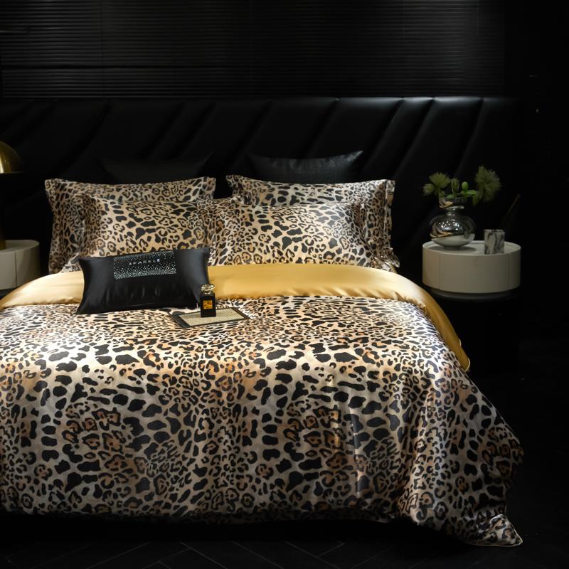 Luxury High-end Silk Leopard Print Bedding Set Soft Silk Satin Queen King Duvet Cover Sheet or Fitted Sheet Combination Set Gift