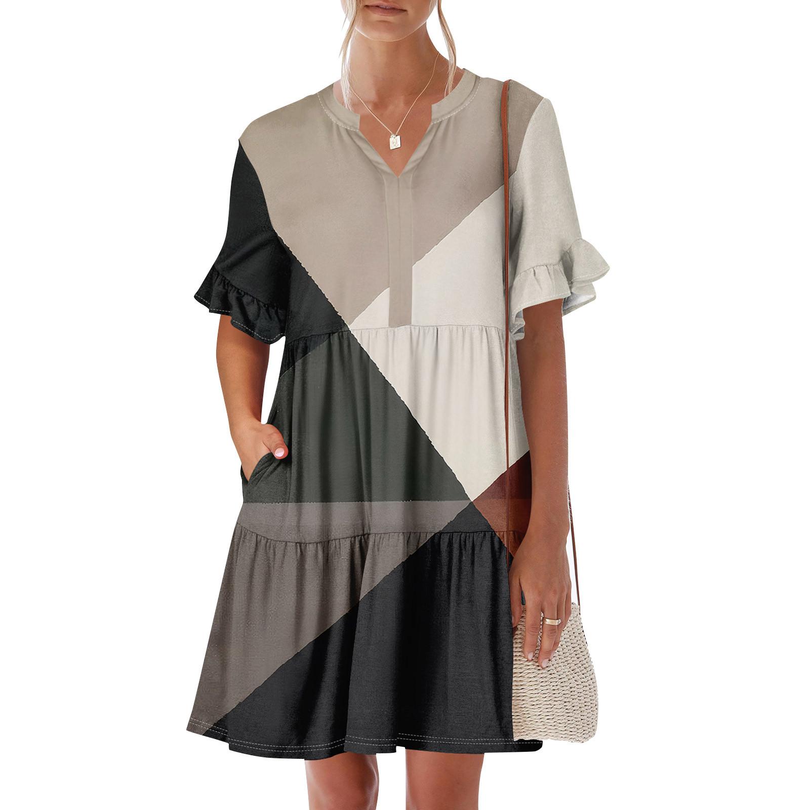 

Женское летнее платье с коротким рукавом и V-образным вырезом, короткие платья, модное повседневное струящееся платье в стиле бохо с оборками и карманами S хаки