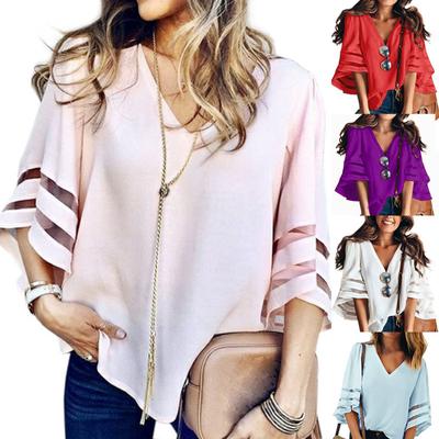Europe and The United States Installed Loose T-shirt Thin Big Yards Blouse Women's  Seven-minute Sleeve Chiffon Shirt Plus Size