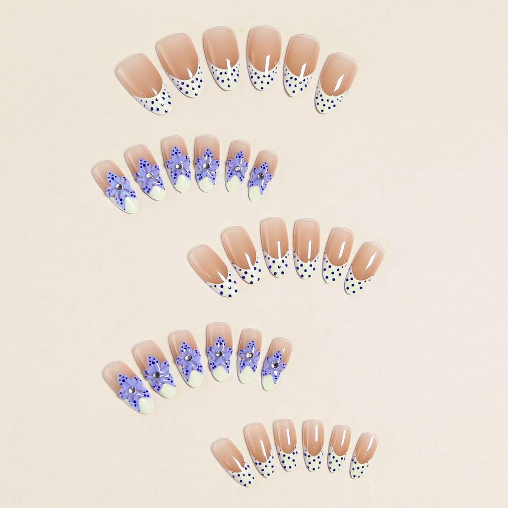 Blue Almond 3D Flower Rhinestone Polka Dot Long Press-On Nails