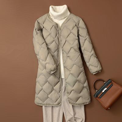 Damen Herbst und Winter Mittellange leichte Daunenjacke Einfarbige Einreihige Jacke mit V-Ausschnitt