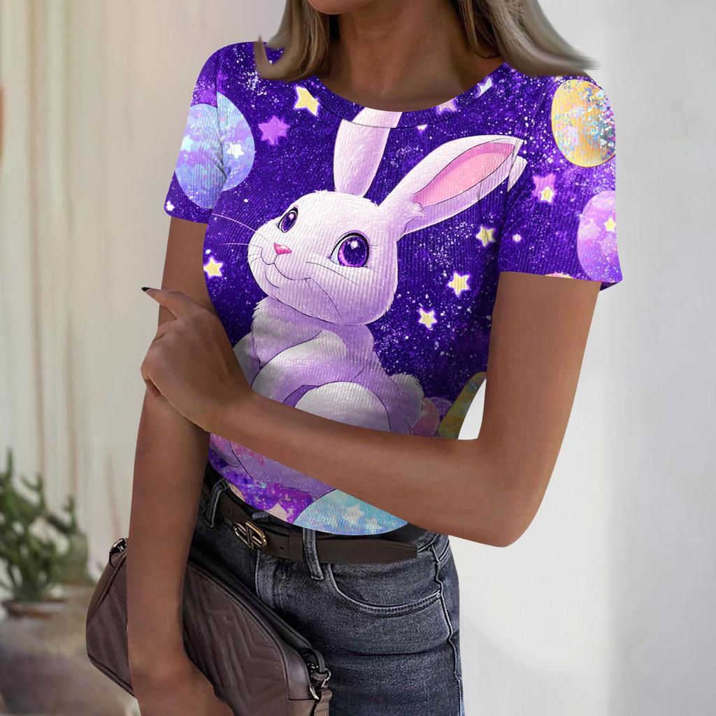 Women's Casual Fashion Round Neck Easter Print Short Sleeve Ribbed Top