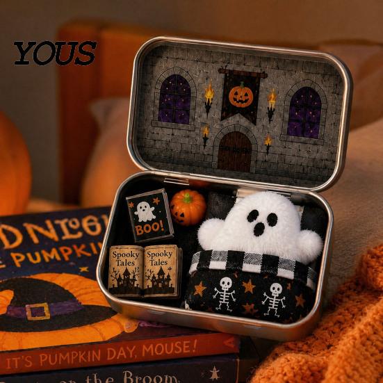 Halloween Candy Storage Mini Tin Box Gift, Plush Ghost with Haunted House Cabin Illustration Scene, Collectible Micro Theater Gift for Kids,