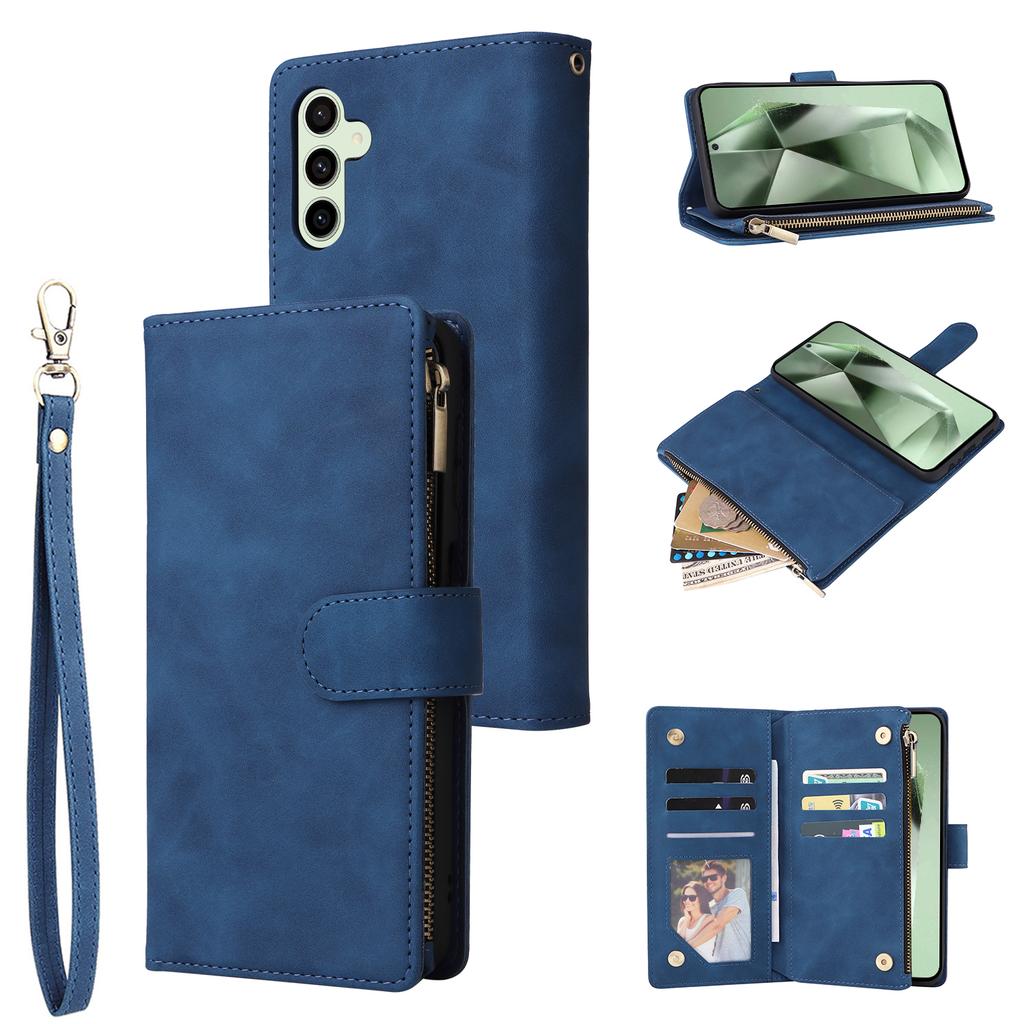 For Samsung Galaxy S25 FE Case Zipper Wallet Multiple Card Slots Leather Phone Cover with Wrist Strap
