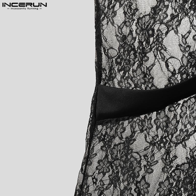 INCERUN Summer Men V Neck Sleeveless Patchwork Mesh Sheer Lace Tank Tops