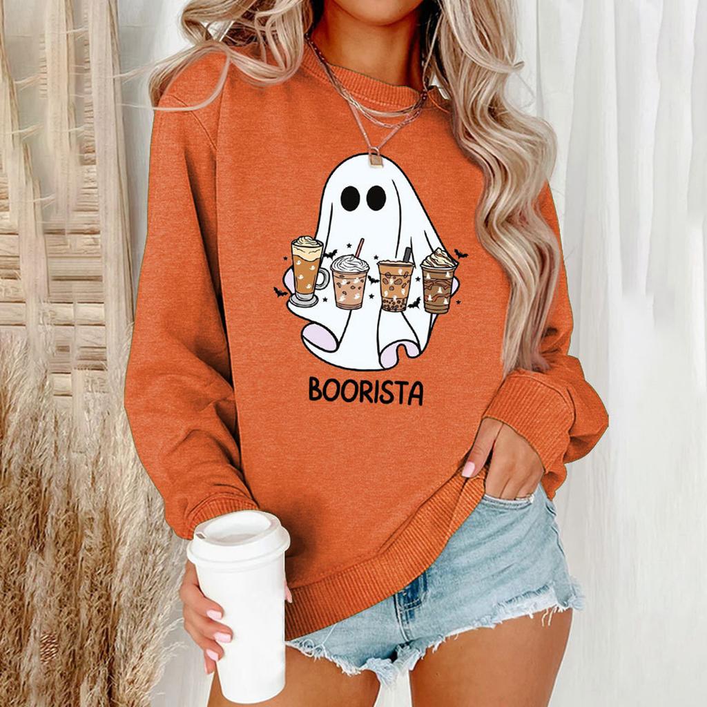 Women'S Halloween Hoodie Fun Ghost Print Pullover Crew Neck Long Sleeve Hoodless Pullover Y2k Clothes Women'S Plus-Size Hoodies