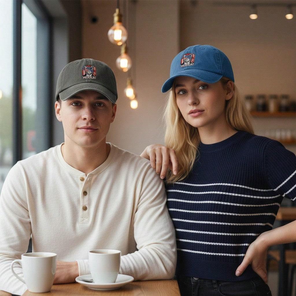 [USA Themed Baseball Cap] 'merica! Cat Graphic Print Polyester Unisex Adjustable Curved Brim Vintage Washed Baseball Hat For Festivals, Summer