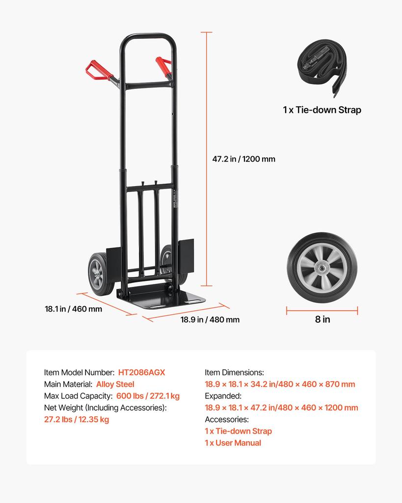VEVOR Hand Truck, 600 Lbs Load Capacity, Heavy-Duty Hand Truck Dolly with Wheels & Telescoping Handle