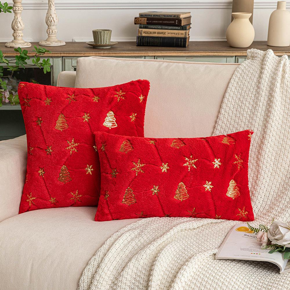 Sequin Christmas Tree Embroidery Pillow Case Snowflake Plush Pillow Christmas Ornament Gift Cushion Cover Core-Free