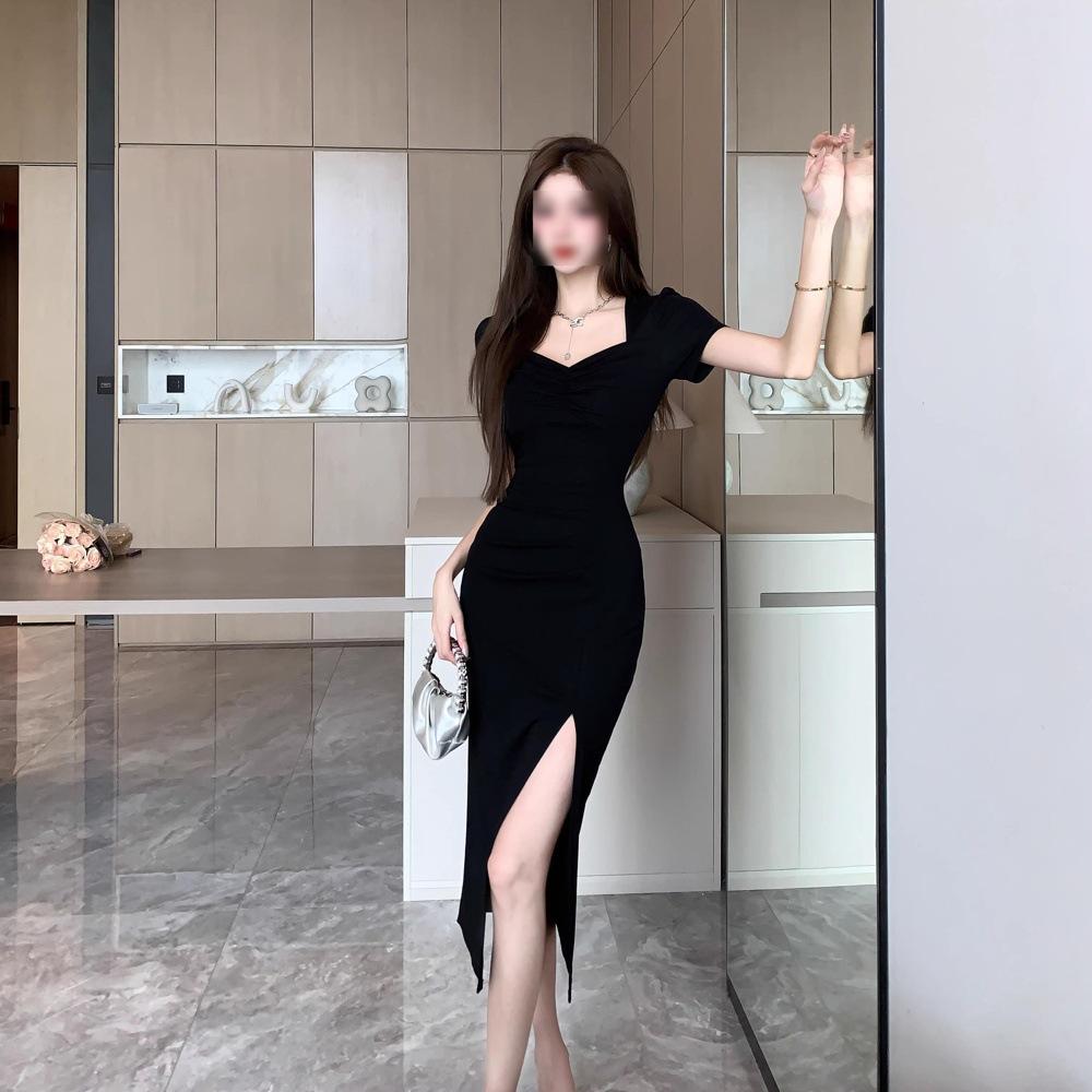 Summer New Temperament Outer Wear Short-sleeved Black Dress Female Slim Side Split Over Knee Long Skirt