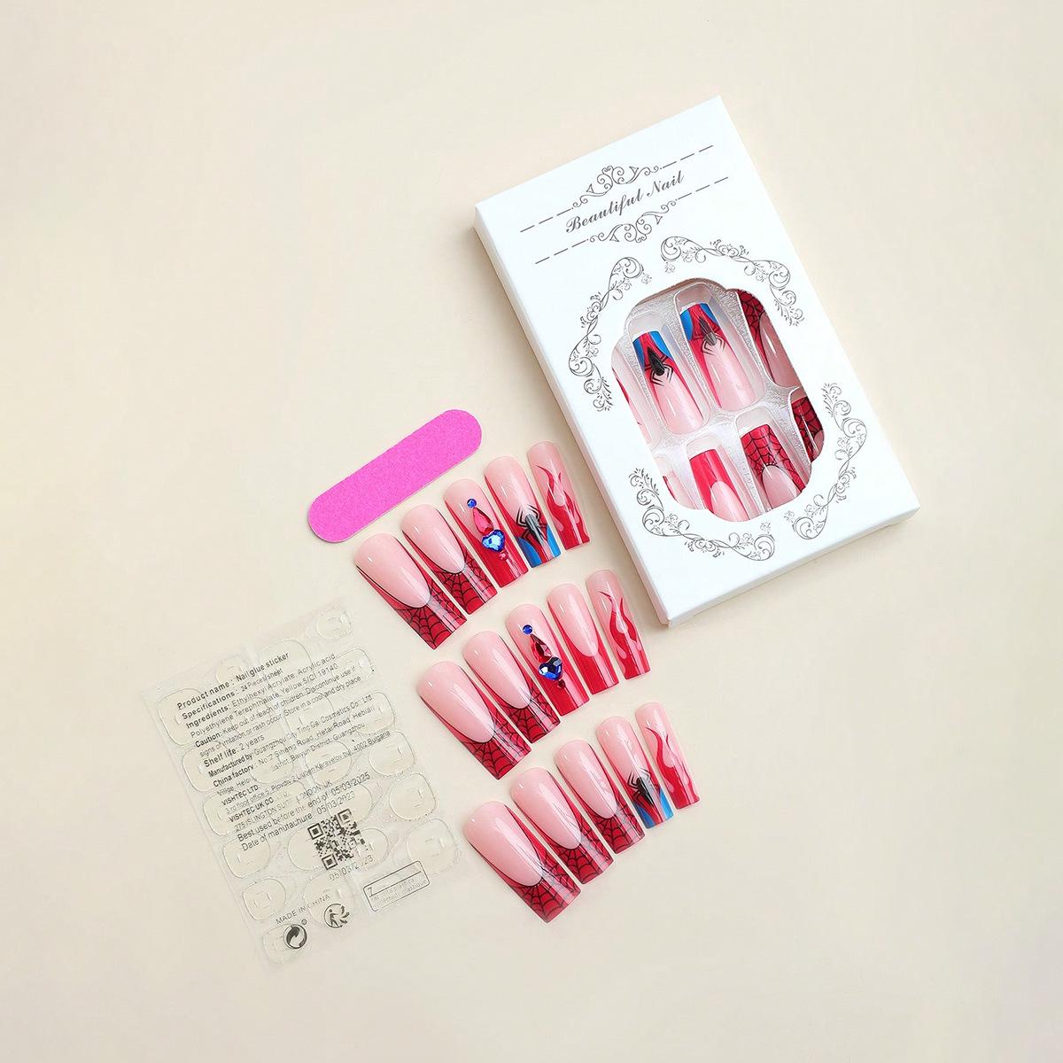 

European & American Style Diamond Extra-Long Press-On Nails - Spider Design Nail Art