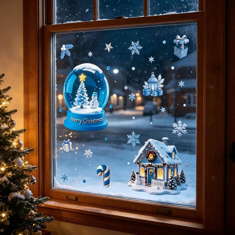 Christmas Decorative Glass Sticker Snowflake Snowman Blue Crystal Ball Theme Non-residue Window Decal for Xmas Party Home