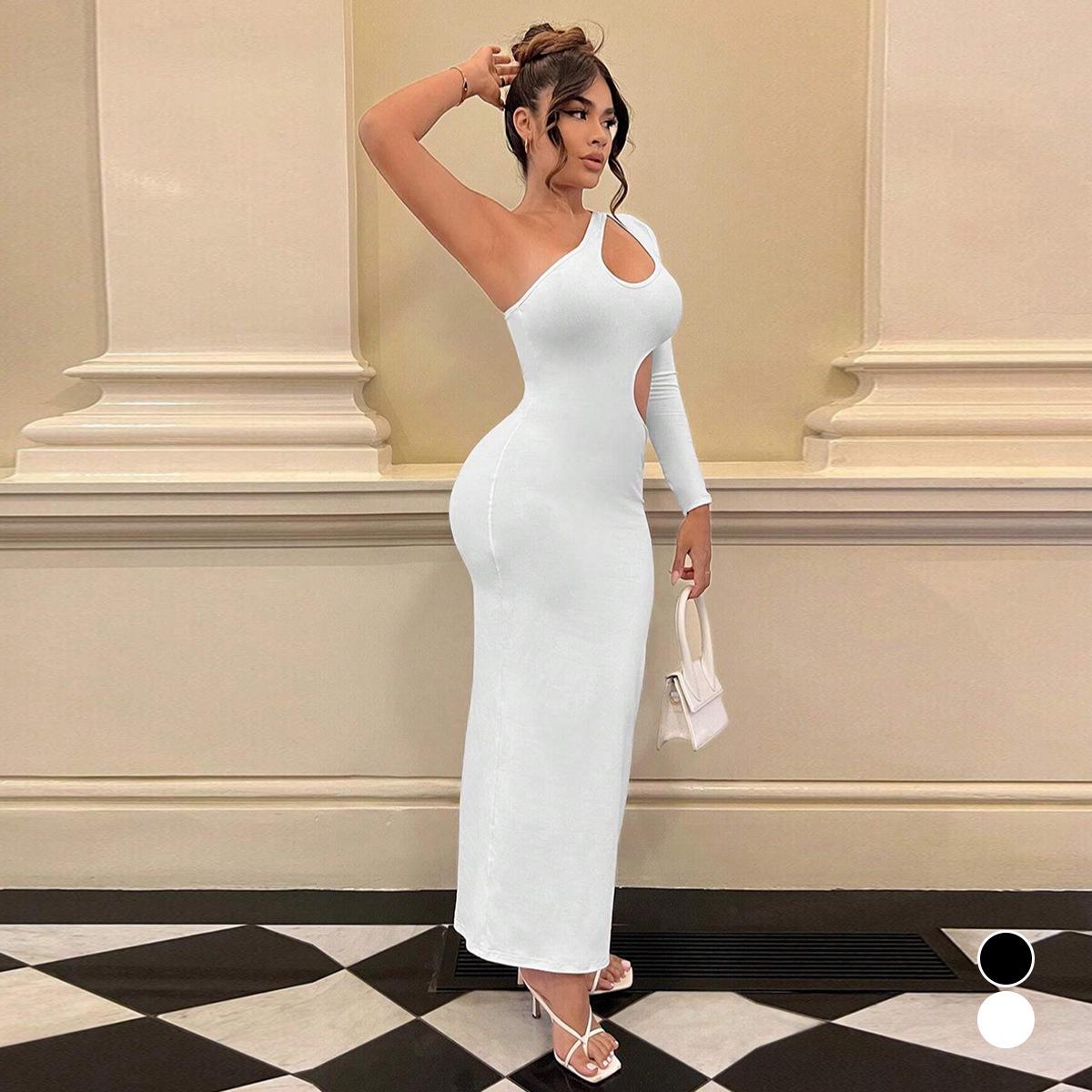 

European and American Style One-Shoulder Long-Sleeve Hollow-Out Autumn Dress Medium чорний