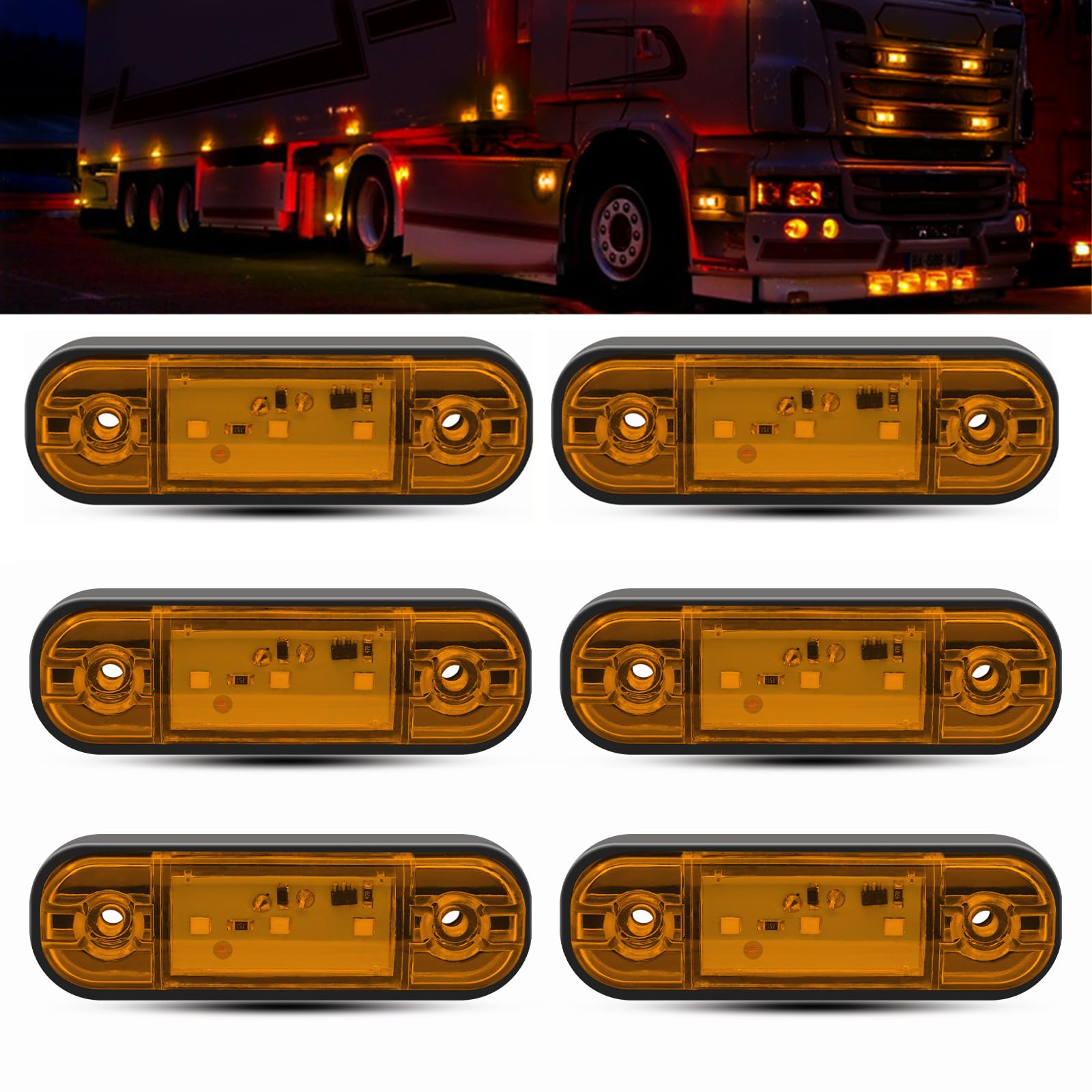 

LED Side Marker Lights 3-LED Track Position Lamp 24V Waterproof Universal Yellow Pack of 6 3.4in жовтий