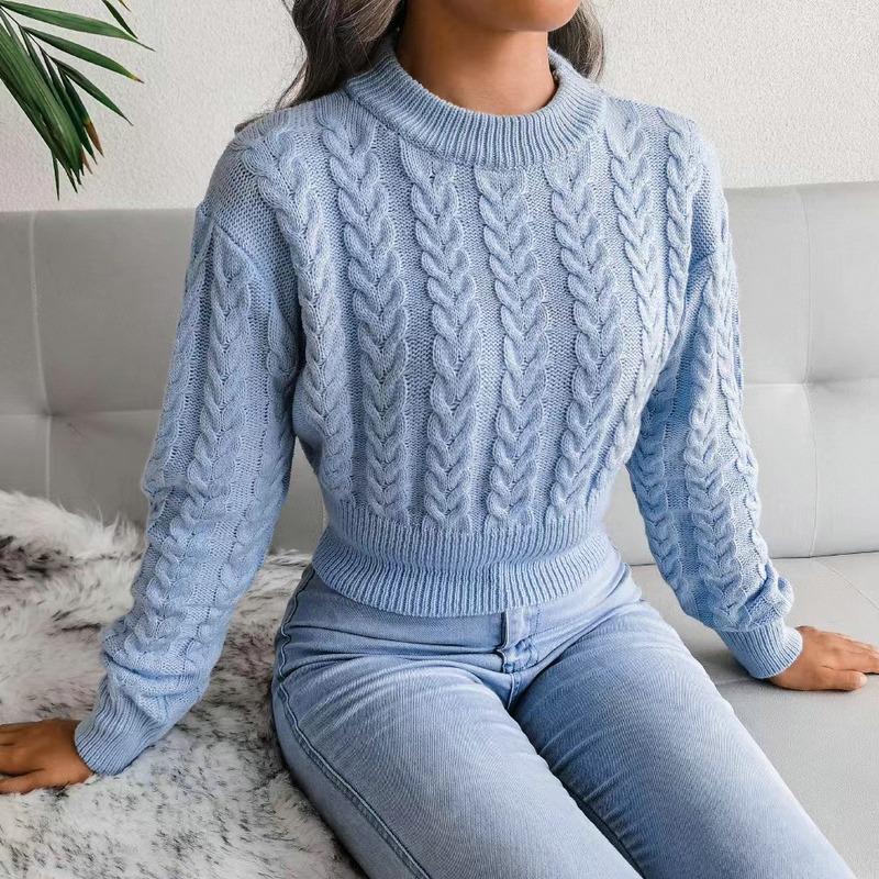 Autumn and Winter Crew Neck Pullover Women Short Sweater Slim Fit Fashion Twist Bottoming Knitted Top Solid Color Long Sleeve Casual Simple Clothing