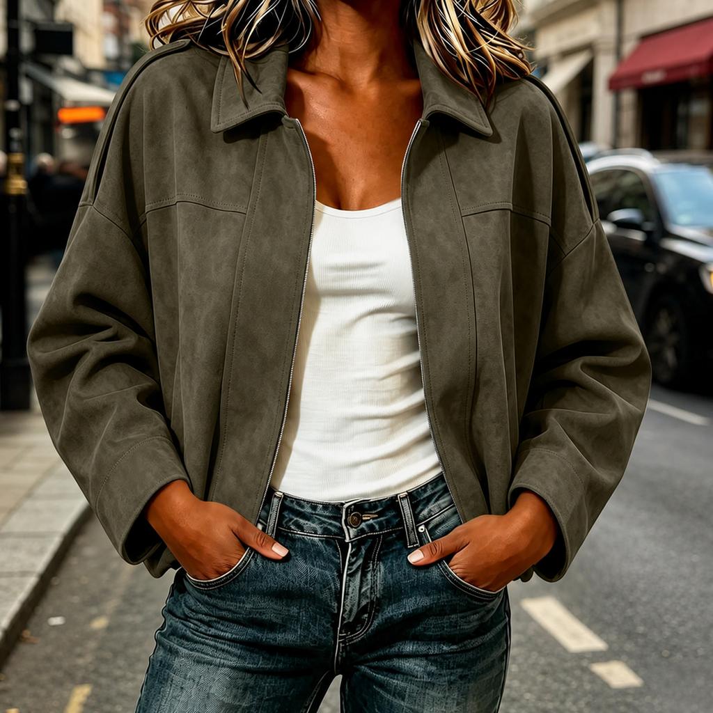 Women's Jacket with Notched Collar Zip Button Closure for Spring and Fall
