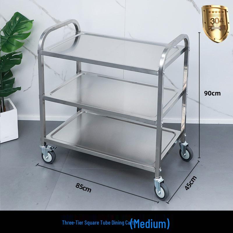 Three-tier Stainless Steel Service Cart: Meal, Food, Beverage, and Dish Collection Trolley for Restaurants and Hotels.