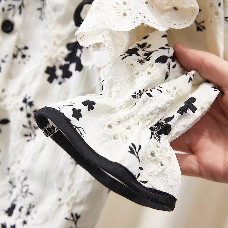 Girls Spring Comfortable Casual Suit Middle Child Single Breasted Lace Shirt + Flared Pants Two Piece Set