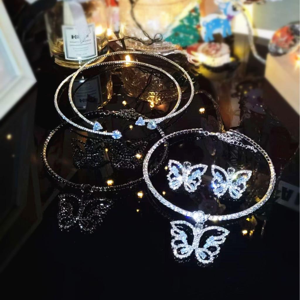 Butterfly Collar Necklace Rhinestone Necklace Earrings Wedding Two-piece Wedding Dress Accessories, Bridal Jewelry Set