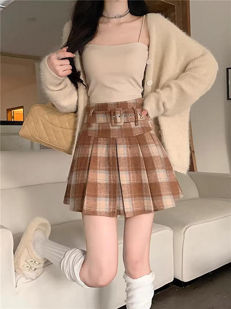 Women's High Waist Plaid Wool A-line Pleated Skirt with Belt - Thickened for Autumn/Winter 2026 Retro Style