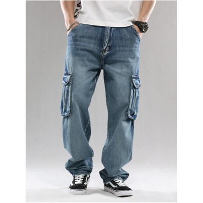 Herren Hip-Hop Skateboarding Multi-Pocket Workwear Jeans, Übergroße Lockere Weitbein-Hose
