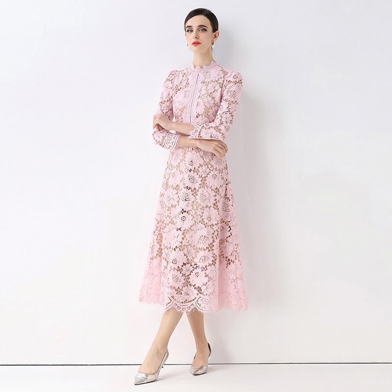 Vestidos Midi de Festa Femininos Vintage de Manga Comprida Vazados em Renda para Primavera Outono