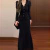 Women's Autumn 2025 French Black Knitted Dress - Small Size, Fragrance Style