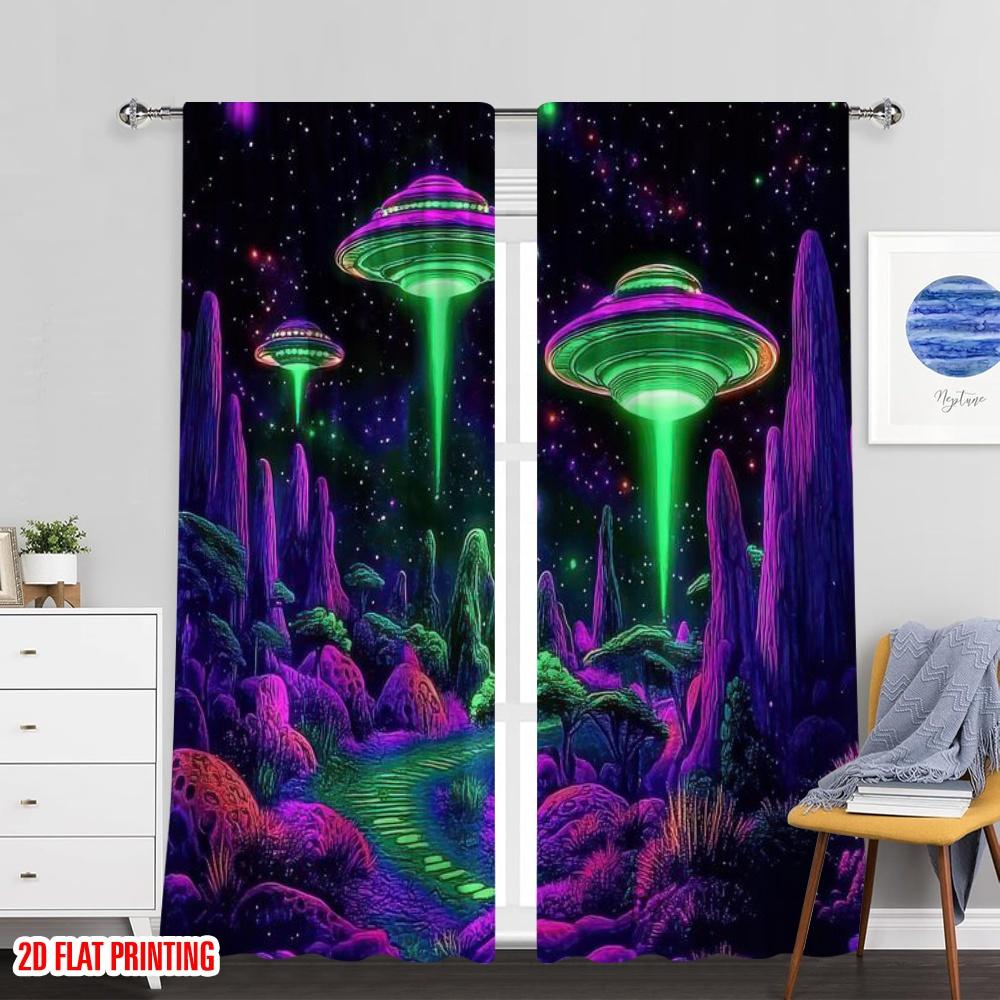 Flat Printing Curtain Glow Dark Space Galaxy Alien Wall Protecting Privacy Party Decorations Use Holiday Home Set Of 2 Made Polyester Washable