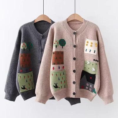 2023 Winter Autumn Women Solid Buttons Pattern Print Sweaters Jacket Knitting Fashion Oversize Casual Style Loose Cardigan Sweater