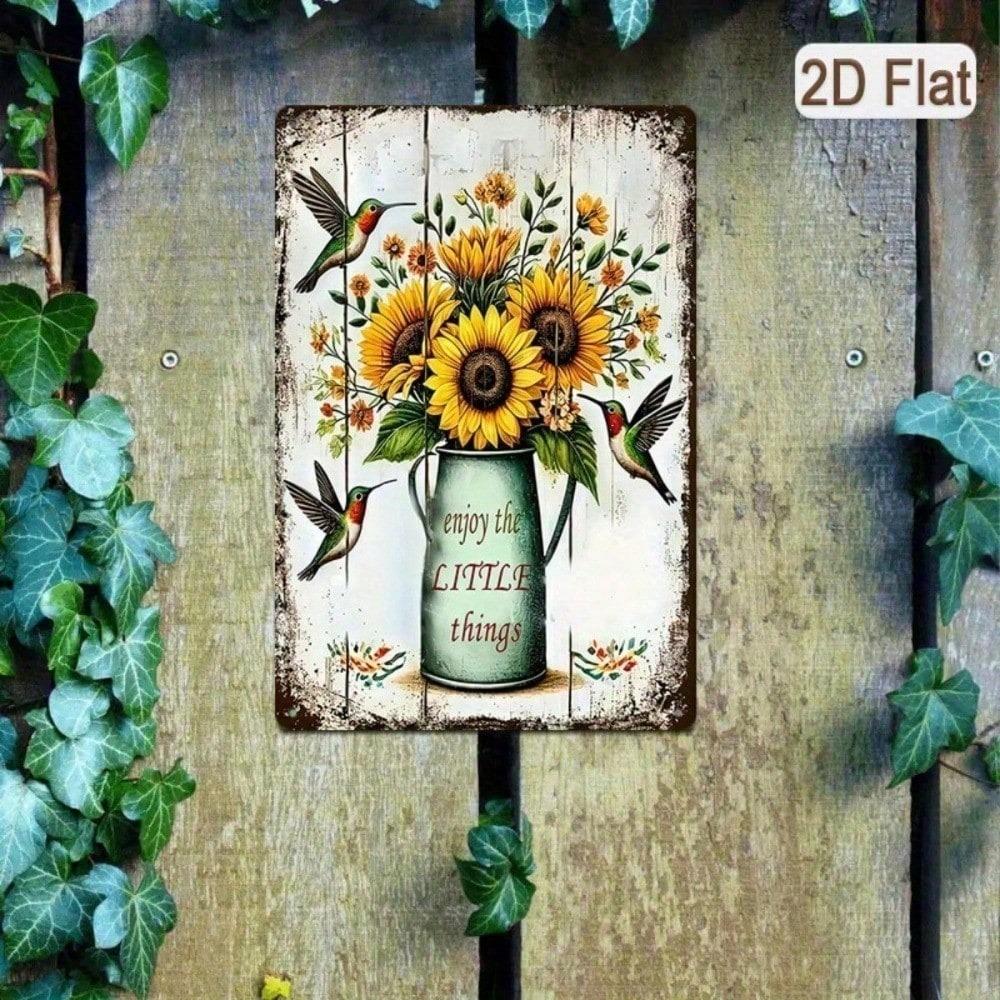 1PC Rustic Sunflower Metal Tin Sign, 2D Flat Hummingbird Plaque with Enjoy The Little Things Quote, Farmhouse Wall Decor