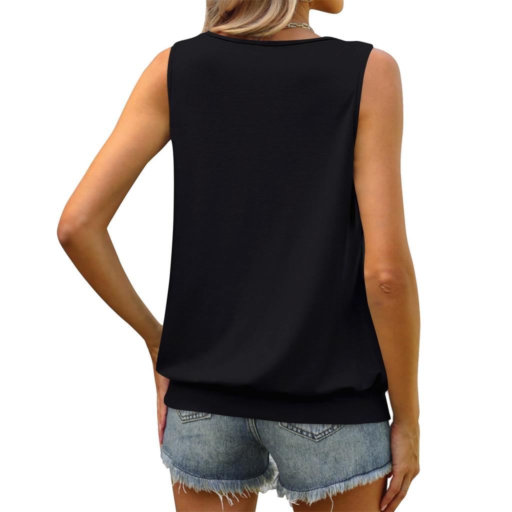 Women's Summer Vest Loose Pleated Round Neck Shirt Casual Sleeveless Top