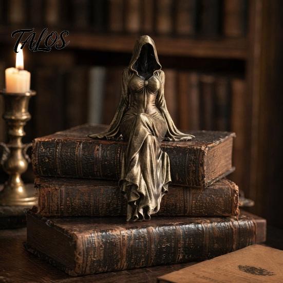 Feminin Gotisk Skulptur Dödsgudinna Figur, Eterisk Huvförsedd Figur Skulptur, Mörk Flödande Klänning Staty Fantasy Samlarobjekt för Skrivbord Bokhylla
