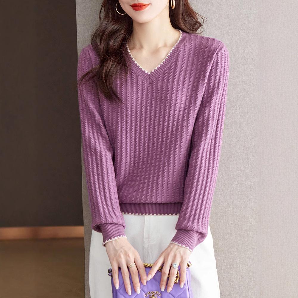 

Осенняя футболка с длинными рукавами, женская утягивающая рубашка, новый иностранный стиль, замедляющий старение свободный верх, V-образный вырез, вязаный свитер XXL