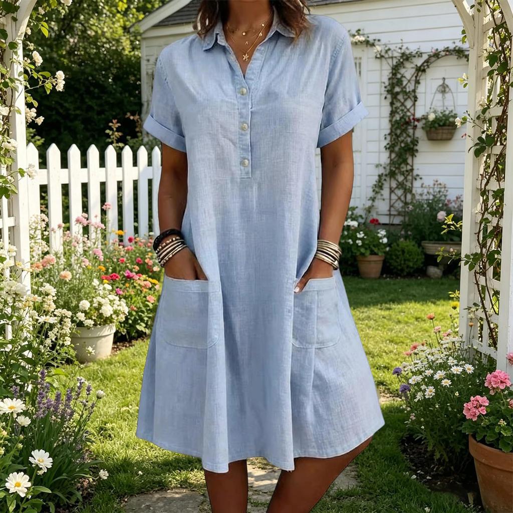 Women Casual Loose Fit Short Sleeve Dress with Lapel Collar Button Front and Pockets Comfortable Summer Dress