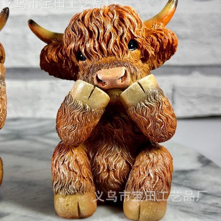 New resin statue ornament, cute and creative decoration, don't listen, don't look, don't say Highland cow desktop decoration