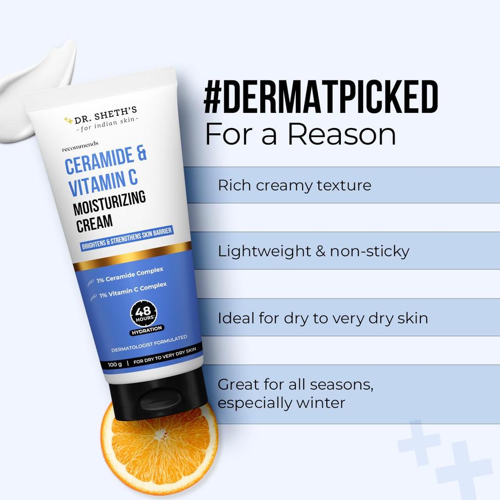 Dr. Sheth's Ceramide & Vitamin C Moisturizing Cream 100g for Deep Hydration & Skin Barrier Repair