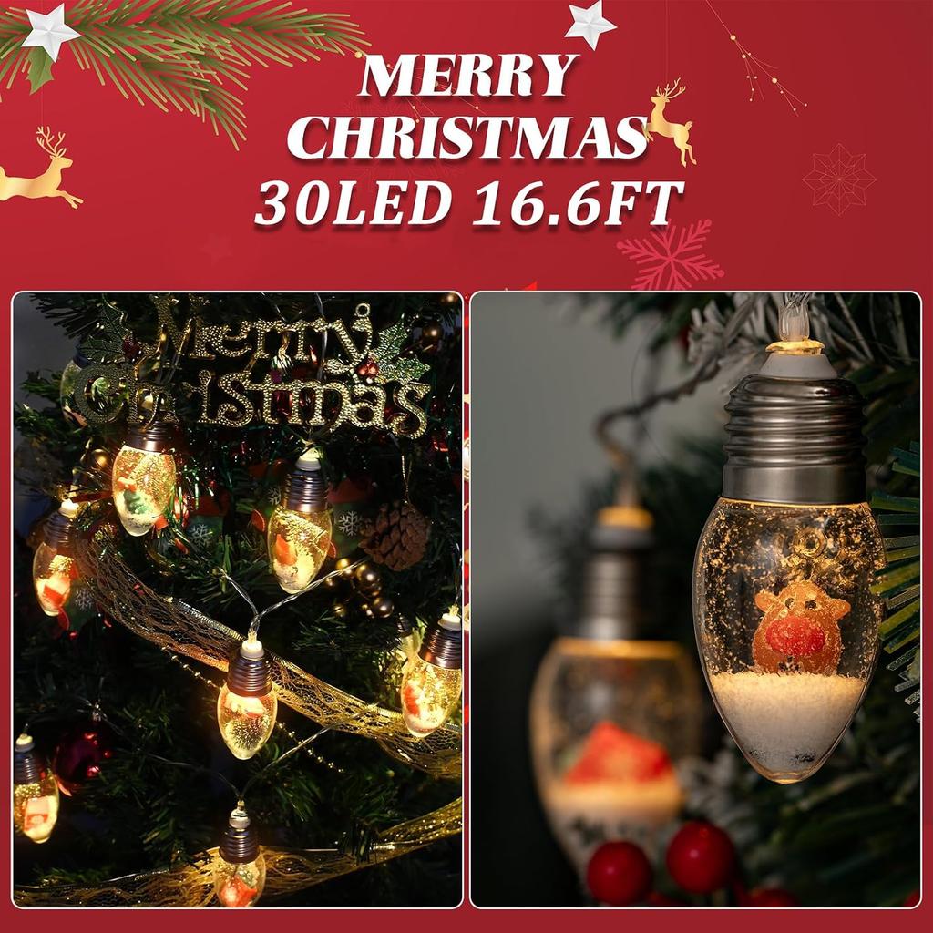 16.6ft Vintage Christmas Lights for Indoor Bedroom Decorations - 30 LED Globe Bulbs String Light with Snow & Cute Ornaments for Home Patio Decor