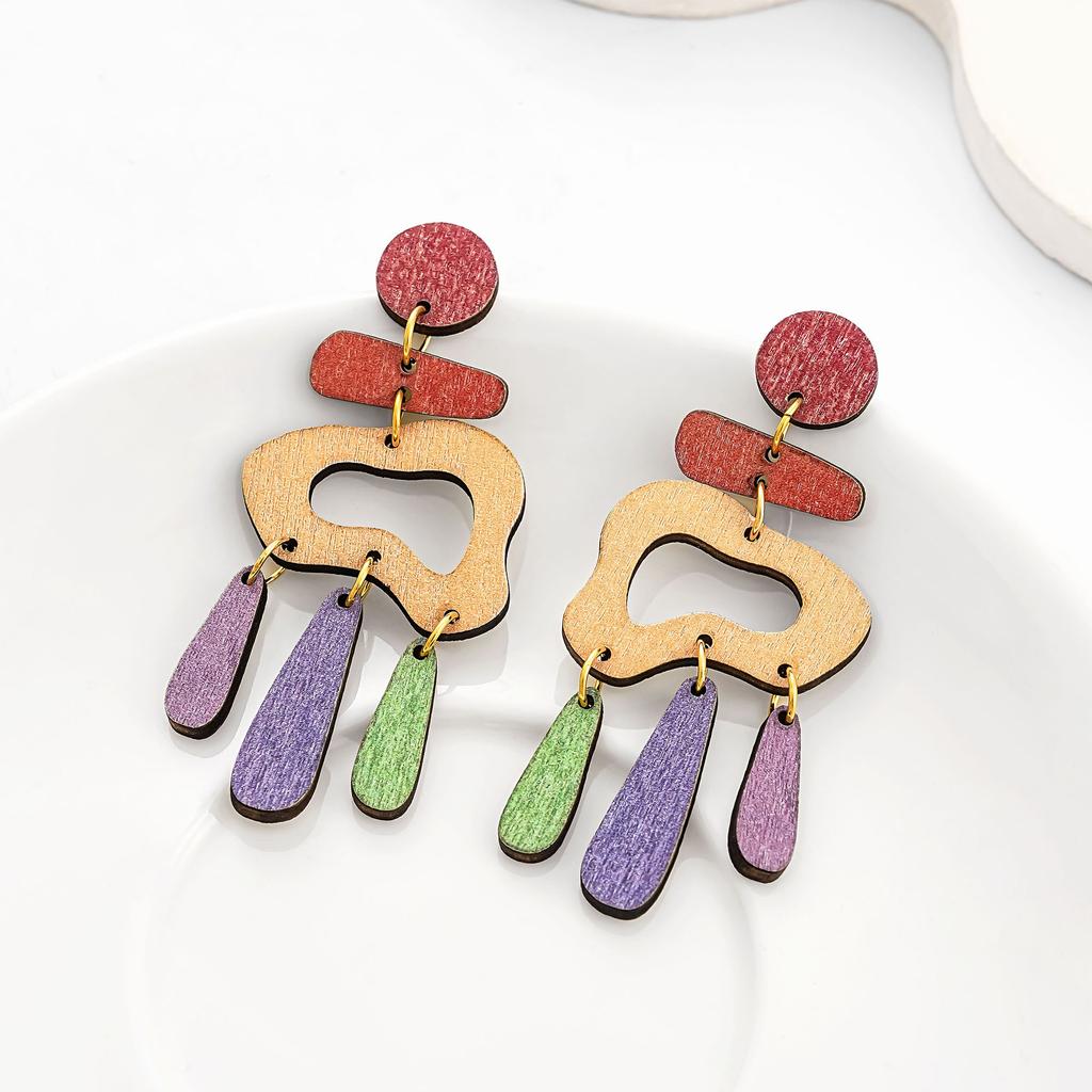 Environmentally Friendly Wood Earrings, Personalized Color Irregular Graphic Splicing Studs