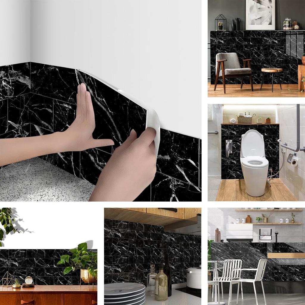 Black Imitation Marble Tile Stickers Self-Adhesive Waterproof Moisture-Proof Wall Decor for Bathroom & Living Room