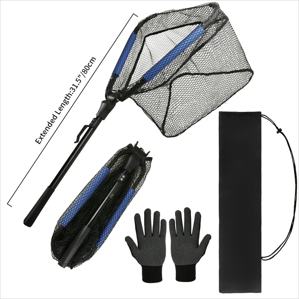 Folding Fishing Net With Non-Slip Gloves Storage Bag Telescoping Pole Handle Extend Landing Net Coated Nylon Mesh for Men Women