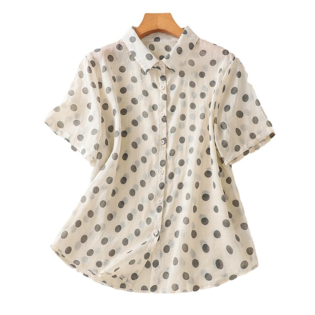 2025 lato nowa odzież damska wysokiej klasy kropki bawełna i len drukowana koszula z krótkim rękawem z klapami kardigan top damski