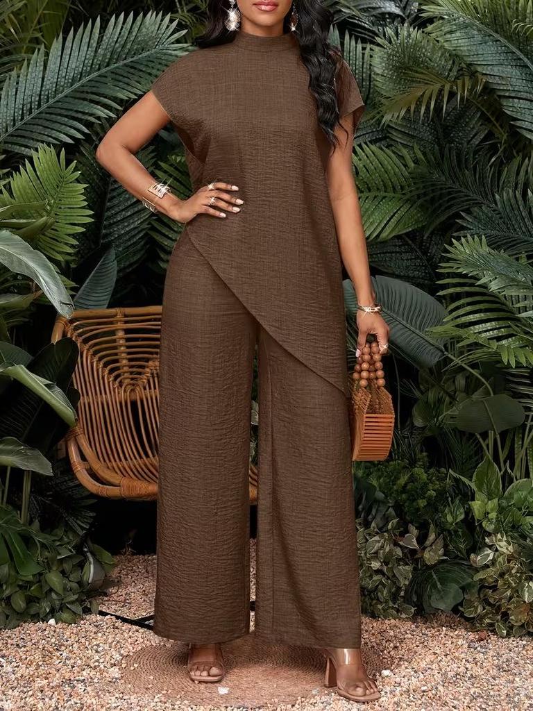 Women's Casual Asymmetrical Hem Two-Piece Set: Solid Color Top and Pants