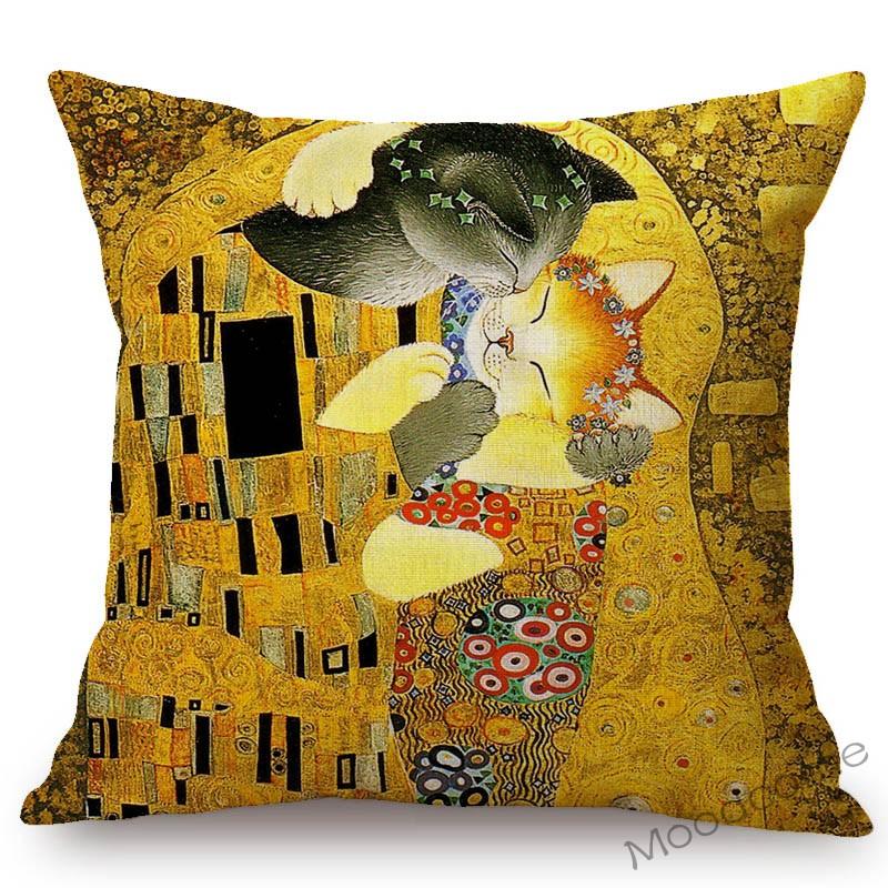 Lovely Cute Cartoon Klimt Style Cat Kitten Home Decoration Throw Pillow Case Gold Animal Art Sofa Decoration Linen Cushion Cover